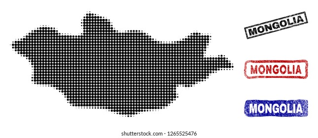 Halftone dot vector abstract Mongolia map and isolated black, red, blue grunge stamp seals. Mongolia map label inside rough rectangle frames and with grunge rubber texture.