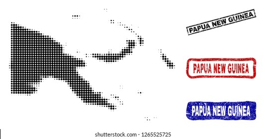 Halftone dot vector abstract Papua New Guinea map and isolated black, red, blue rubber-style stamp seals. Papua New Guinea map label inside rough rectangle frames and with retro rubber texture.