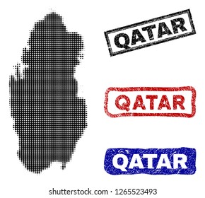 Halftone dot vector abstract Qatar map and isolated black, red, blue rubber-style stamp seals. Qatar map caption inside draft rectangle frames and with corroded rubber texture.