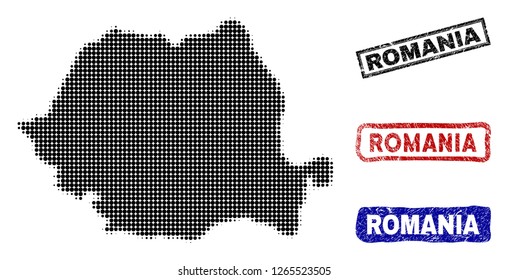 Halftone dot vector abstract Romania map and isolated black, red, blue rubber-style stamp seals. Romania map tag inside rough rectangle frames and with scratched rubber texture.