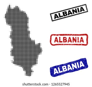 Halftone dot vector abstracted Albania map and isolated black, red, blue rubber-style stamp seals. Albania map name inside rough rectangle frames and with unclean rubber texture.