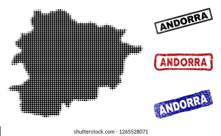 Halftone dot vector abstracted Andorra map and isolated black, red, blue rubber-style stamp seals. Andorra map name inside draft rectangle frames and with scratched rubber texture.