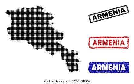 Halftone dot vector abstracted Armenia map and isolated black, red, blue rubber-style stamp seals. Armenia map label inside draft rectangle frames and with distress rubber texture.