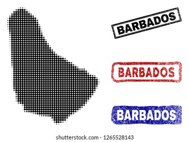 Halftone dot vector abstracted Barbados map and isolated black, red, blue rubber-style stamp seals. Barbados map caption inside draft rectangle frames and with retro rubber texture.