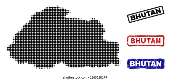 Halftone dot vector abstracted Bhutan map and isolated black, red, blue rubber-style stamp seals. Bhutan map caption inside draft rectangle frames and with scratched rubber texture.