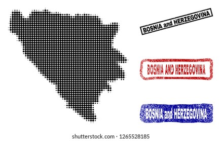 Halftone dot vector abstracted Bosnia and Herzegovina map and isolated black, red, blue rubber-style stamp seals.