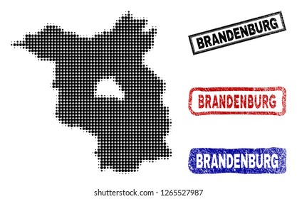 Halftone dot vector abstracted Brandenburg State map and isolated black, red, blue textured stamp seals. Brandenburg State map label inside rough rectangle frames and with unclean rubber texture.