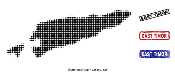 Halftone dot vector abstracted East Timor map and isolated black, red, blue textured stamp seals. East Timor map title inside draft rectangle frames and with retro rubber texture.