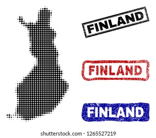 Halftone dot vector abstracted Finland map and isolated black, red, blue rubber-style stamp seals. Finland map caption inside rough rectangle frames and with grunge rubber texture.
