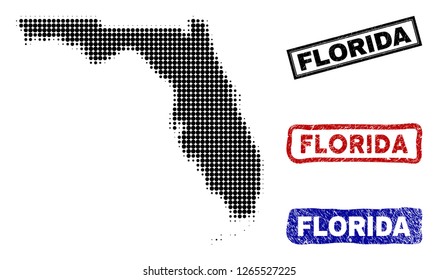 Halftone dot vector abstracted Florida map and isolated black, red, blue rubber-style stamp seals. Florida map caption inside draft rectangle frames and with grunge rubber texture.