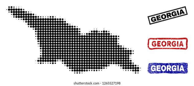 Halftone dot vector abstracted Georgia map and isolated black, red, blue scratched stamp seals. Georgia map title inside draft rectangle frames and with scratched rubber texture.