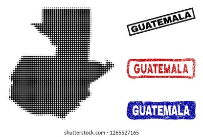 Halftone dot vector abstracted Guatemala map and isolated black, red, blue rubber-style stamp seals. Guatemala map tag inside rough rectangle frames and with retro rubber texture.