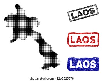 Halftone dot vector abstracted Laos map and isolated black, red, blue rubber-style stamp seals. Laos map caption inside rough rectangle frames and with corroded rubber texture.