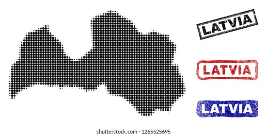 Halftone dot vector abstracted Latvia map and isolated black, red, blue rubber-style stamp seals. Latvia map title inside draft rectangle frames and with corroded rubber texture.