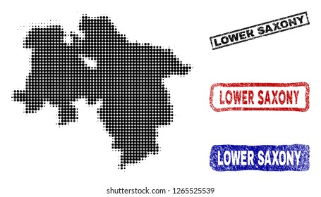 Halftone dot vector abstracted Lower Saxony State map and isolated black, red, blue textured stamp seals. Lower Saxony State map name inside draft rectangle frames and with corroded rubber texture.