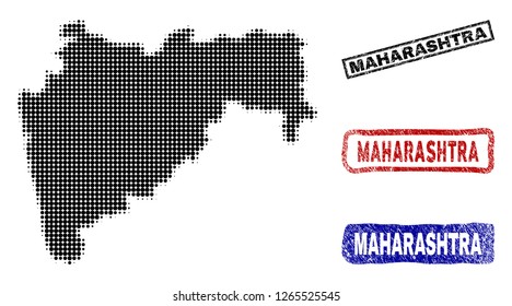 Halftone dot vector abstracted Maharashtra State map and isolated black, red, blue rubber-style stamp seals. Maharashtra State map name inside rough rectangle frames and with distress rubber texture.