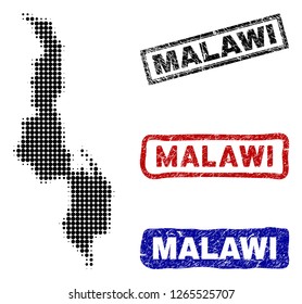 Halftone dot vector abstracted Malawi map and isolated black, red, blue rubber-style stamp seals. Malawi map label inside draft rectangle frames and with grunge rubber texture.