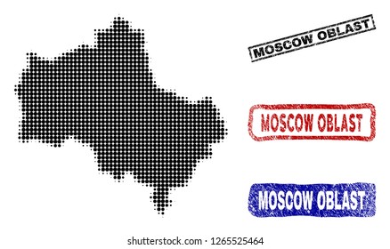 Halftone dot vector abstracted Moscow Oblast map and isolated black, red, blue scratched stamp seals. Moscow Oblast map title inside rough rectangle frames and with scratched rubber texture.