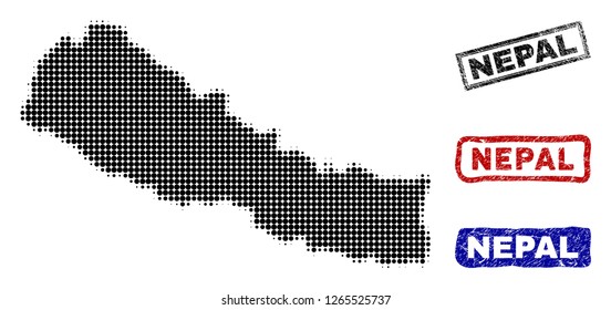 Halftone dot vector abstracted Nepal map and isolated black, red, blue rubber-style stamp seals. Nepal map caption inside rough rectangle frames and with distress rubber texture.