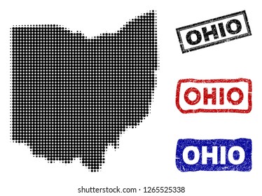 Halftone dot vector abstracted Ohio State map and isolated black, red, blue rubber-style stamp seals. Ohio State map title inside draft rectangle frames and with unclean rubber texture.