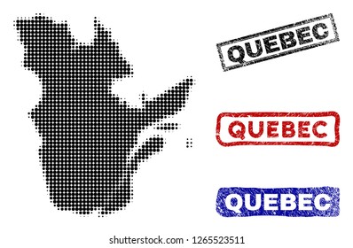Halftone dot vector abstracted Quebec Province map and isolated black, red, blue damaged stamp seals. Quebec Province map caption inside rough rectangle frames and with grunge rubber texture.