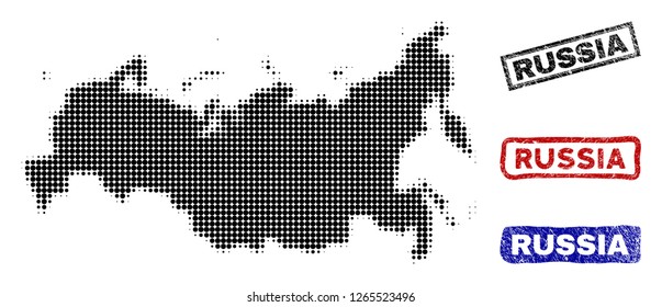 Halftone dot vector abstracted Russia map and isolated black, red, blue rubber-style stamp seals. Russia map label inside rough rectangle frames and with unclean rubber texture.