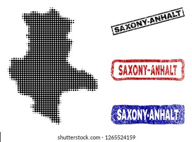 Halftone dot vector abstracted Saxony-Anhalt State map and isolated black, red, blue scratched stamp seals.