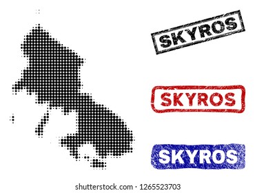 Halftone dot vector abstracted Skyros Greek Island map and isolated black, red, blue rubber-style stamp seals. Skyros Greek Island map tag inside draft rectangle frames and with grunge rubber texture.