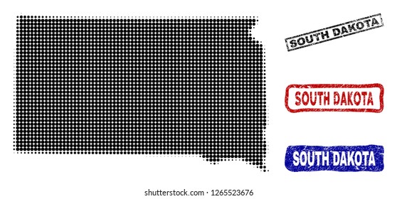 Halftone dot vector abstracted South Dakota State map and isolated black, red, blue scratched stamp seals. South Dakota State map name inside draft rectangle frames and with corroded rubber texture.