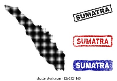Halftone dot vector abstracted Sumatra Island map and isolated black, red, blue grunge stamp seals. Sumatra Island map caption inside draft rectangle frames and with unclean rubber texture.