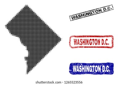 Halftone dot vector abstracted Washington District Columbia map and isolated black, red, blue scratched stamp seals.