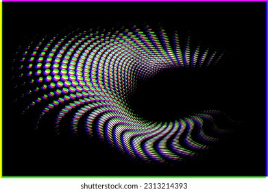 Halftone dot vibrating frame in style of halftone dots effect, with CMYK glitch effect. Optical  blur effect (when far or close), shifting the CMYK spectrum. Separate use. Dark field as example.