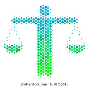 Halftone dot Weight Comparing Person icon. Pictogram in green and blue shades on a white background. Vector concept of weight comparing person icon composed of spheric spots.