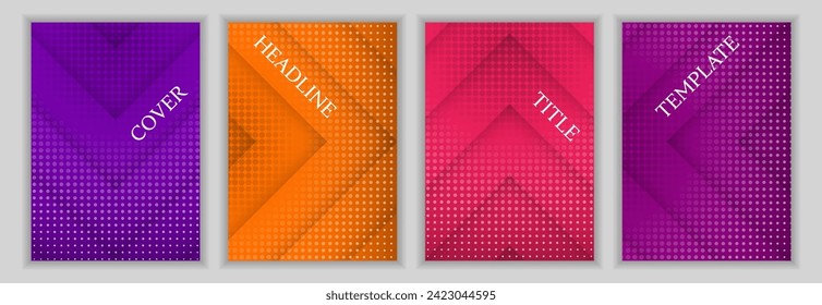 Halftone dots and arrow direction background corporate cover page template set. Creative banners vector design. Geometric magazine front pages. Announcement flyers set.