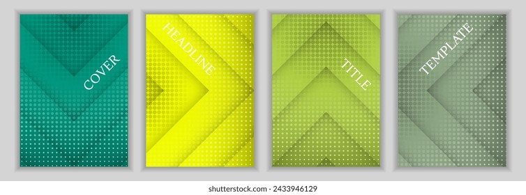 Halftone dots and arrow direction background business cover page template set. Bright flyers vector design. Contemporary book covers. Promotion brochures collection.