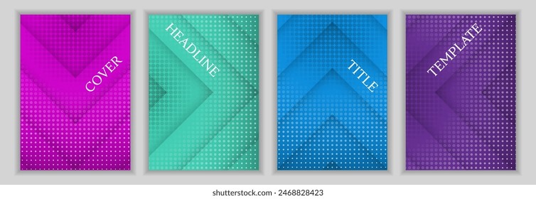 Halftone dots and arrow direction background business cover page layout set. Bright flyers vector design. Geometric magazine front pages. Commercial brochures collection.