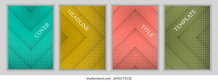 Halftone dots and arrow direction background business cover page template batch. Trendy banners vector design. Contemporary magazine covers. Announcement brochures batch.