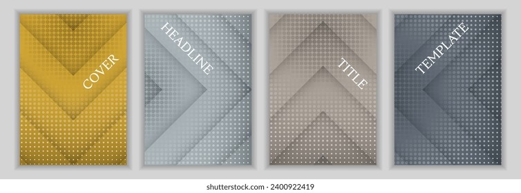 Halftone dots and arrow direction pattern business cover page template set. Bright brochures vector design. Contemporary catalog front pages. Advertisement banners collection.