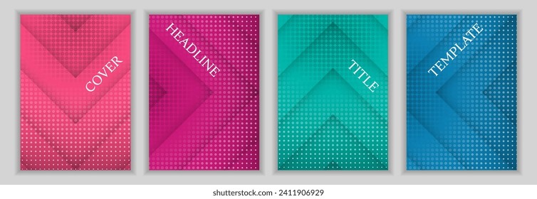 Halftone dots and arrow direction pattern corporate cover page layout set. Modern posters vector design. Contemporary catalog covers. Advertisement banners collection.