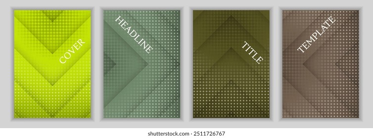 Halftone dots and arrow direction pattern corporate cover page layout set. Colorful banners vector design. Contemporary magazine front pages. Promotion flyers set.