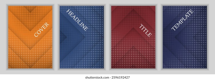 Halftone dots and arrow direction pattern corporate cover page layout batch. Bright banners vector design. Geometric catalog front pages. Promotion brochures batch.