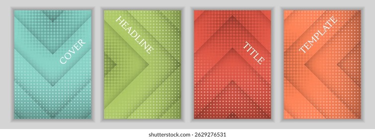 Halftone dots and arrow direction pattern corporate cover page template set. Cool brochures vector design. Contemporary catalog covers. Advertisement banners batch.