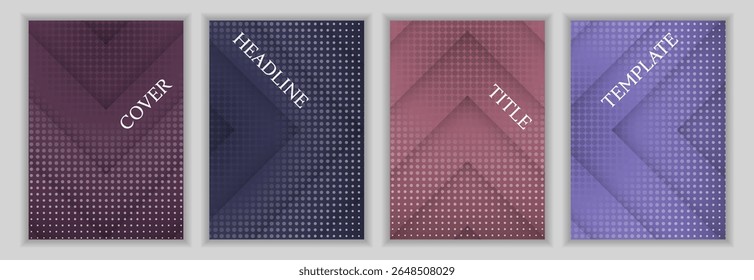 Halftone dots and arrow direction pattern business cover page layout set. Trendy flyers vector design. Geometric book covers. Promotion brochures collection.