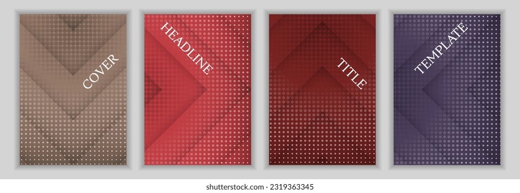 Halftone dots and arrow stripes background business cover page template batch. Cool banners vector design. Geometric booklet front pages. Promotion posters set.
