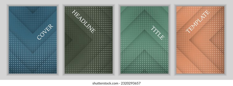 Halftone dots and arrow stripes background corporate cover page layout batch. Abstract posters vector design. Geometric booklet covers. Advertisement brochures collection.