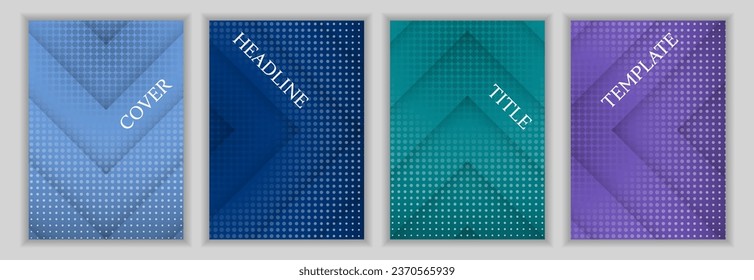 Los puntos de semitono y las franjas de flecha forman el conjunto de plantillas de portada corporativa de fondo. Elegantes folletos de diseño vectorial. Cubiertas de catálogo contemporáneo. Lote de afiches de anuncio.