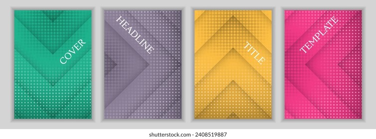 Halftone Punkte und Pfeil Streifen Hintergrund Corporate Cover Seite Set. Helle Poster, Vektordesign. Geometrische Buchumschläge. Werbebanner-Set.