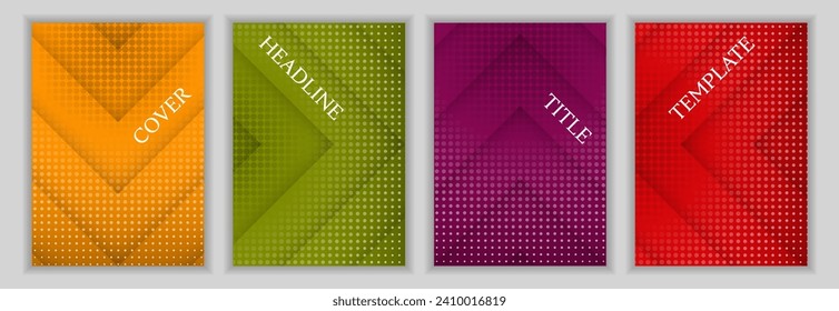 Los puntos de semitono y las franjas de flecha en segundo plano de la página de la portada comercial. Diseño vectorial de los folletos geniales. Portadas contemporáneas de libros. Lote de banners publicitarios.
