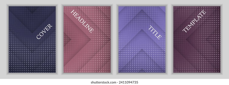 Halftone dots and arrow stripes background corporate cover page template batch. Elegant posters vector design. Geometric book covers. Commercial banners set.