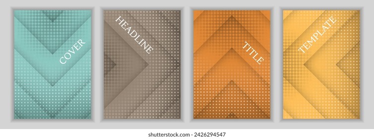 Halftone dots and arrow stripes background business cover page layout batch. Colorful banners vector design. Geometric magazine front pages. Commercial posters batch.